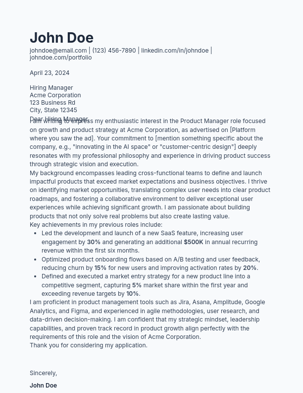 Growth-Focused Product Manager Cover Letter